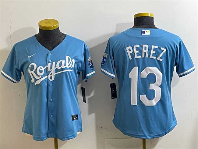 Women%27s Kansas City Royals #13 Salvador Perez Light Blue Cool Base Stitched Jersey